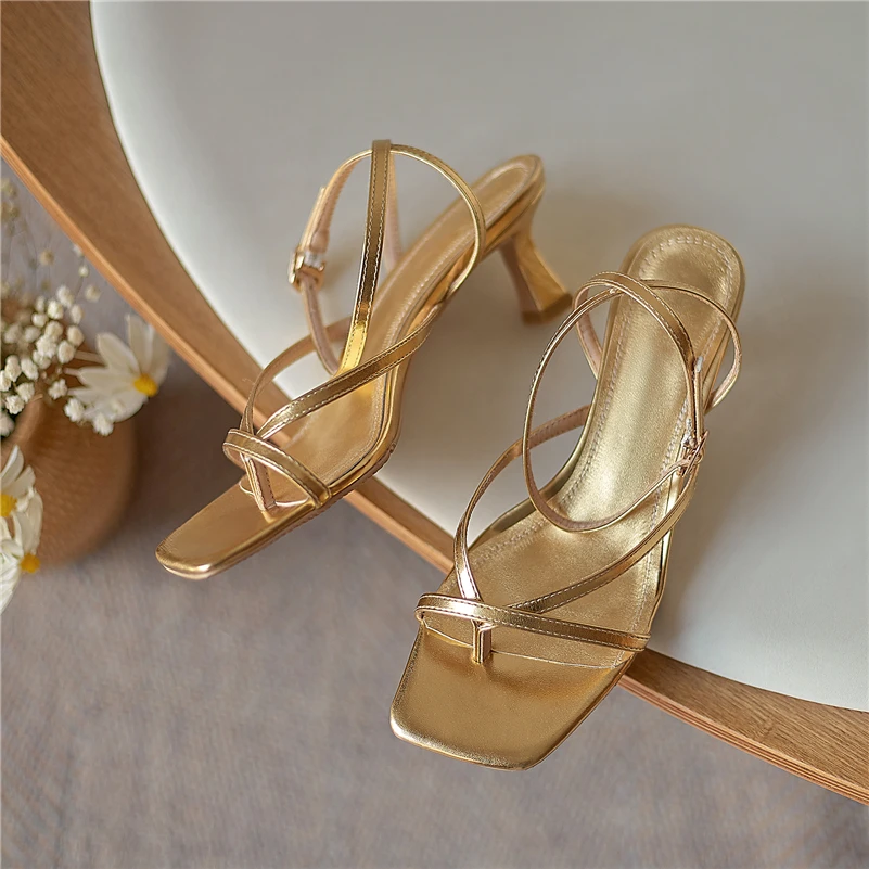 

Meotina Sandals Shoes Women Genuine Leather Sandals Narrow Band High Heel Shoes Square Toe Thin Heel Ladies Footwear Summer 43