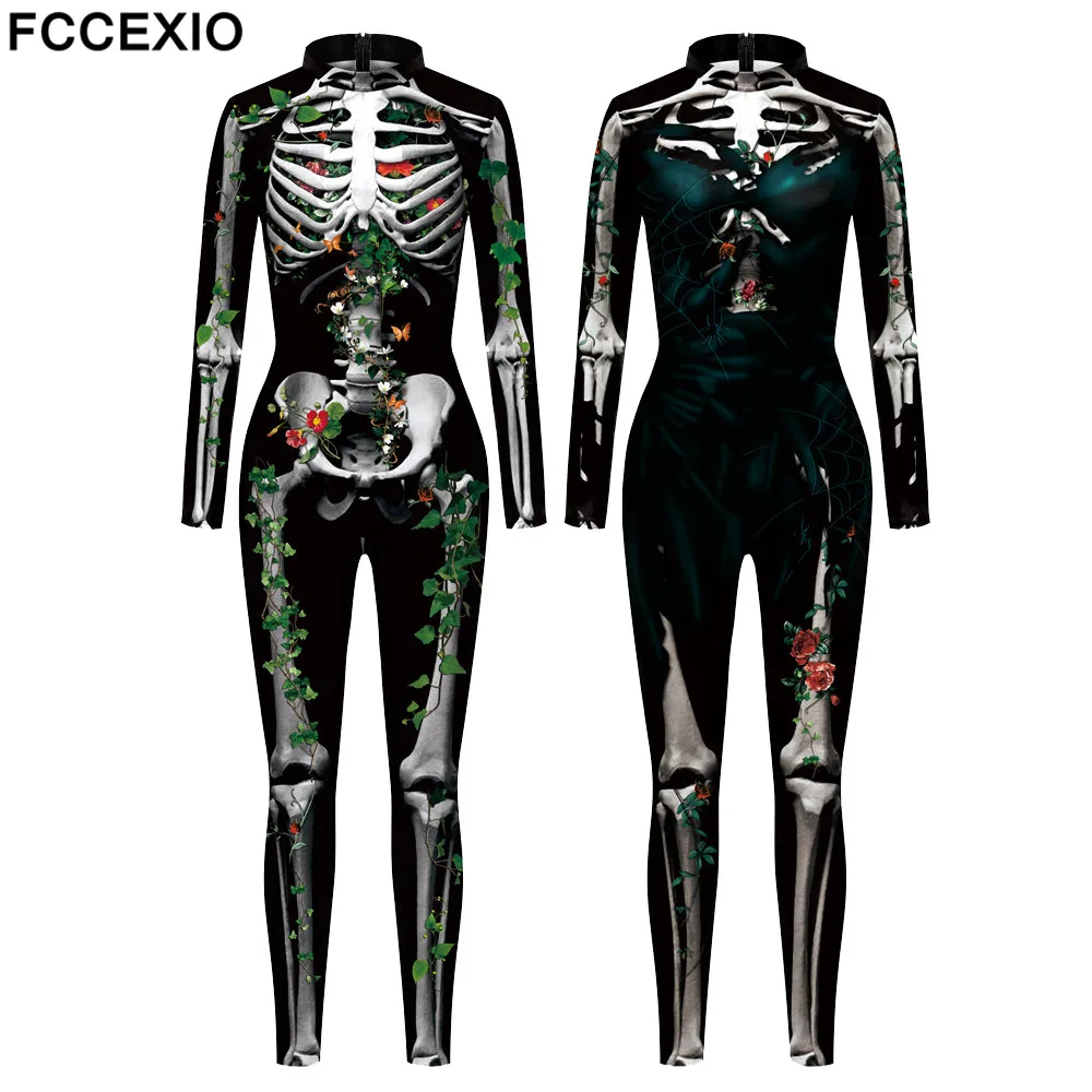 

FCCEXIO Rose Weed Twining Body Skeleton 3D Print Sexy Bodysuits Cosplay Jumpsuit Adults Onesie Hallowmas Long Sleeve Outfits