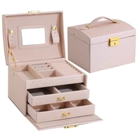 fashion jewelry storage box large capacity portable lock with mirror storage boxes earrings necklace ring jewelry display