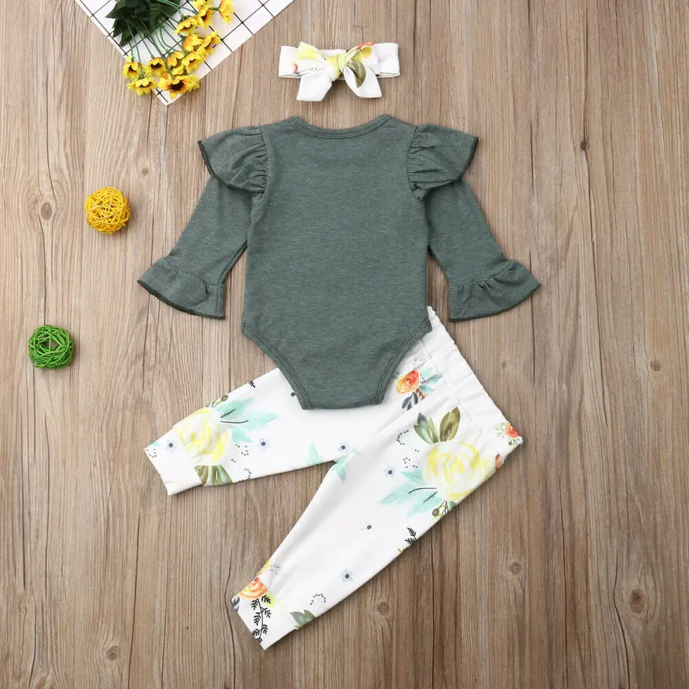 Pudcoco Girls Suits 3PCS Newborn Infant Baby Clothes Playsuit Long Sleeve Romper Pants Outfit Set Toddler Flower Clothing | Мать и