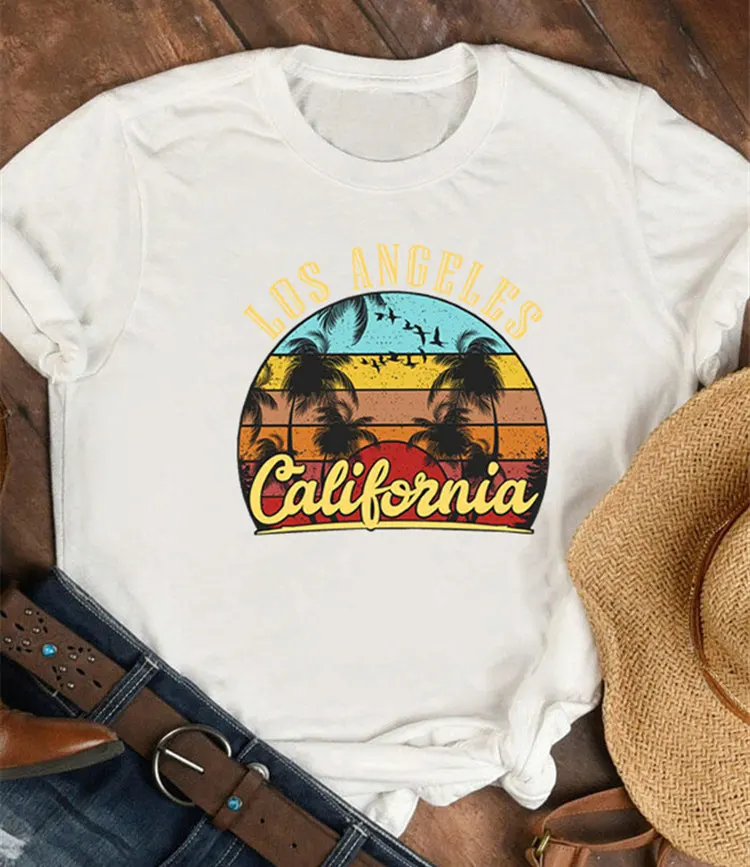 

Women LOS ANGELES California Beach Ladies Graphics Crew Neck Trendy Funny Slogan Casual Soft White Top Tee T-Shirt