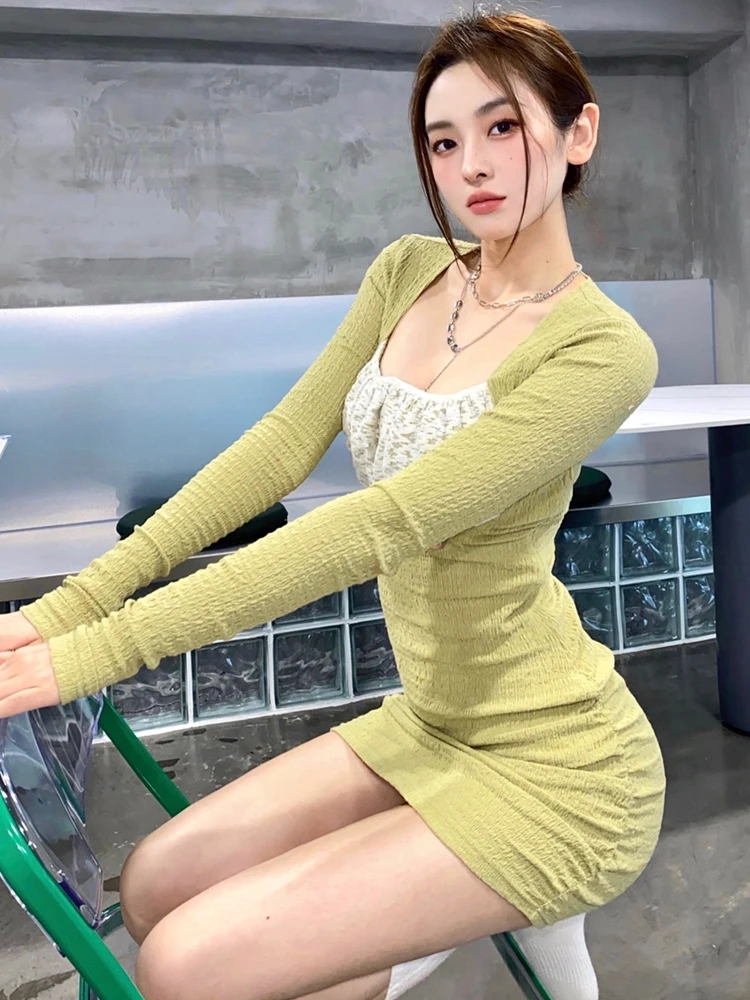 

2021 New Female Retro Stitching Wood Ears Cross Lacing Up Short Sleeve Short Dress for Woman White French Mini Dresses Holiday