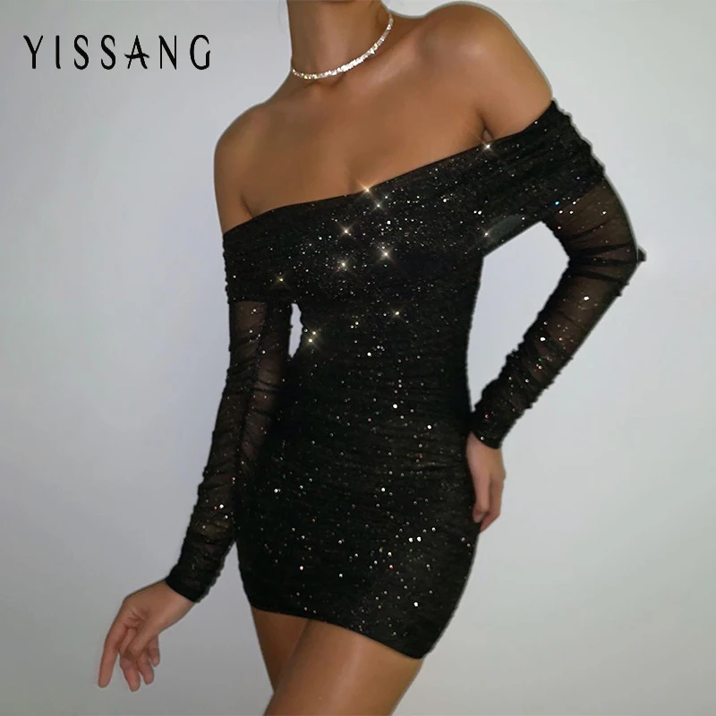 Yissang, элегантное, с открытыми плечами, черное платье, для женщин, двойной слой, сетка, сексуальные, вечерние, с блестками, платье с рюшами, осень, облегающее, мини-платье