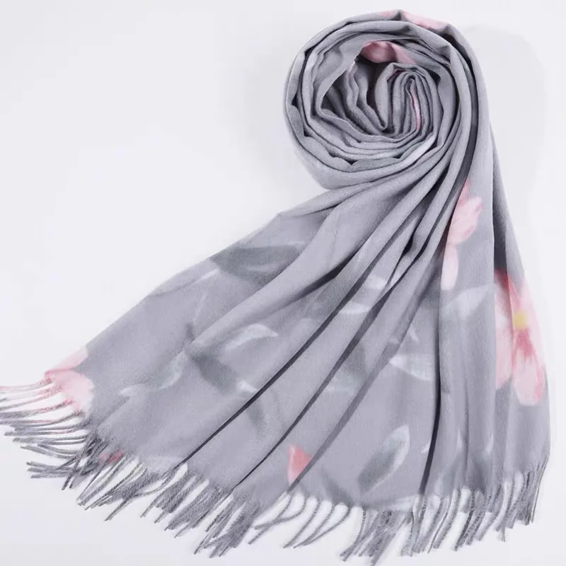 Модные кашемировые женские шарфы с цветочным принтом и кисточками из пашмины