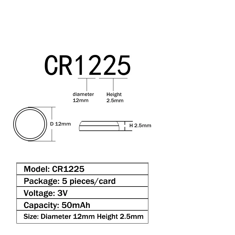 

CR1225 600pcs=120Card Lithium 3V 50mAh Button Battery LM1225 KCR1225 BR1225 Cell Cion Batteries For Watch Electronic Toy Remote