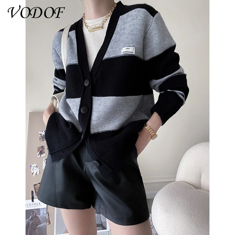 VODOF 2021 Women's Knitwear Fall/Winter V-neck Cardigan Button Oversized Korean Ladies Sweater Retro Top Cardigan Women