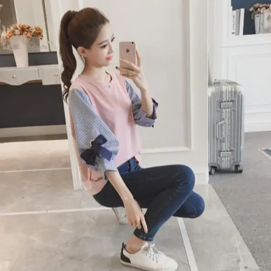 Новинка 2020 весенне-летняя женская шифоновая блузка с бантом лоскутные рубашки