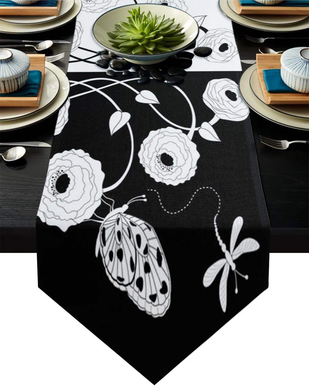 

Черно-белый цветок стрекоза бабочка настольная дорожка декоративная длинная настольная Обложка для свадебной вечеринки настольный флаг д...