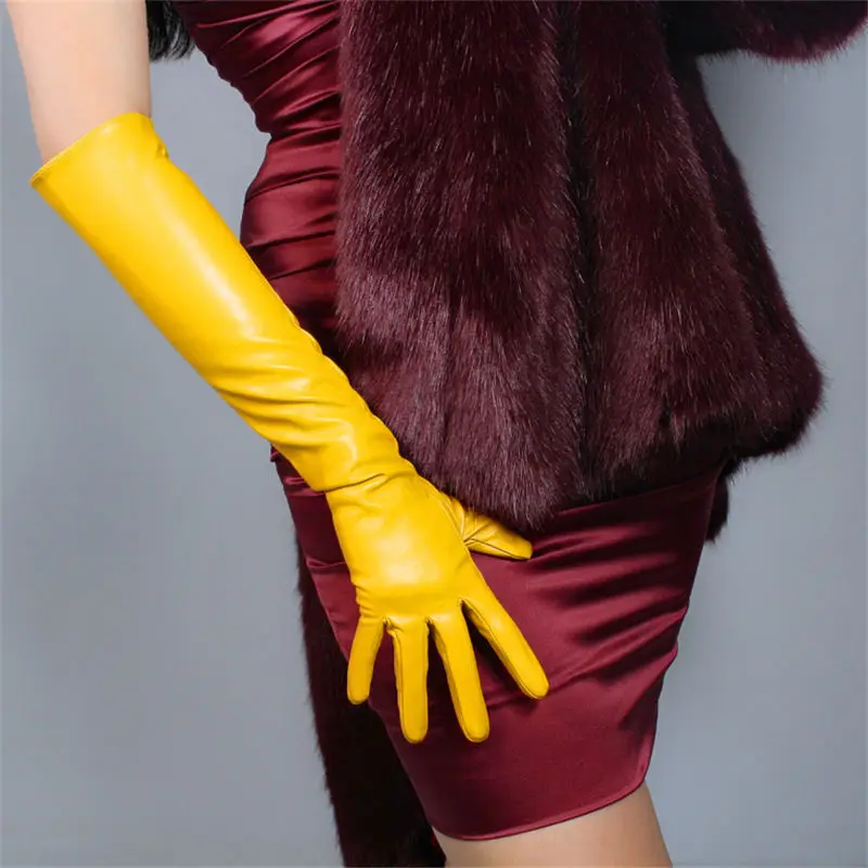 

LONG GLOVES Faux Leather Lambskin Sheepskin 16" 40cm Elbow Gingar Mustard Yellow PU148