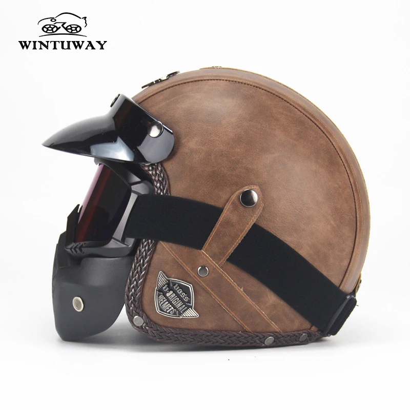 WINTUWAY PU Leather Helmets 3/4 Motorcycle Chopper Bike Helmet Open Face Vintage With Goggle Mask | Автомобили и мотоциклы