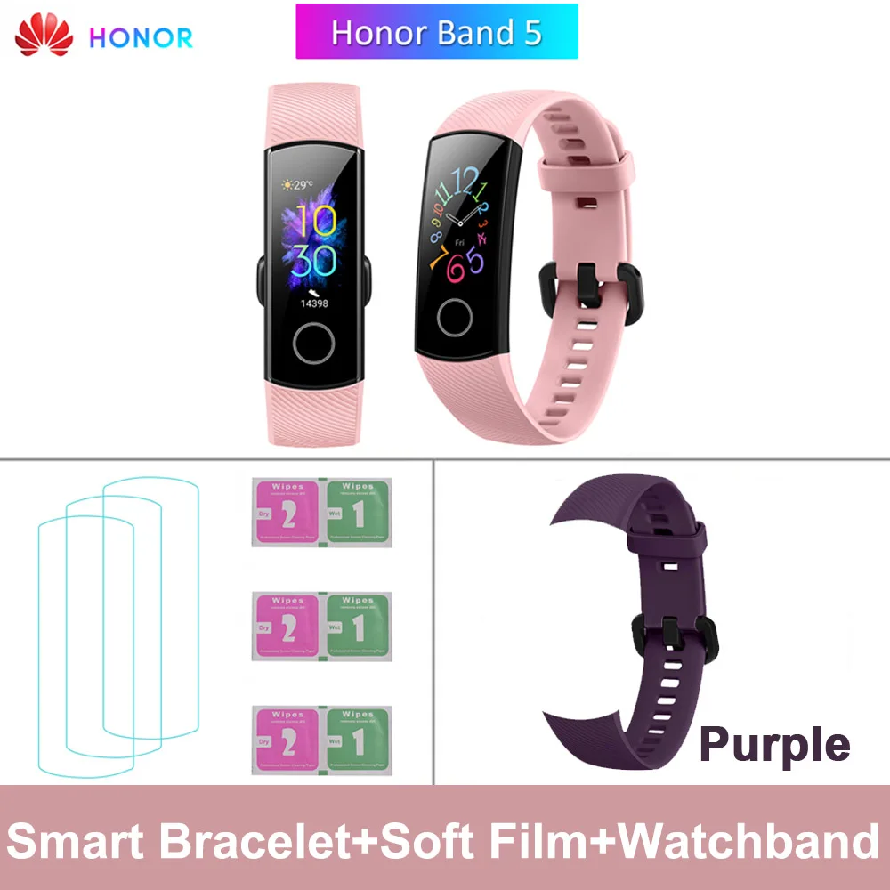 Pink Purple Strap HONOR Band 5 фитнес умный Браслет мониторинг сердечного ритма 5 АТМ водонепроницаемый плавающий Bluetooth 4,2 смарт часы наручные часы - Цвет: Pink Purple Strap