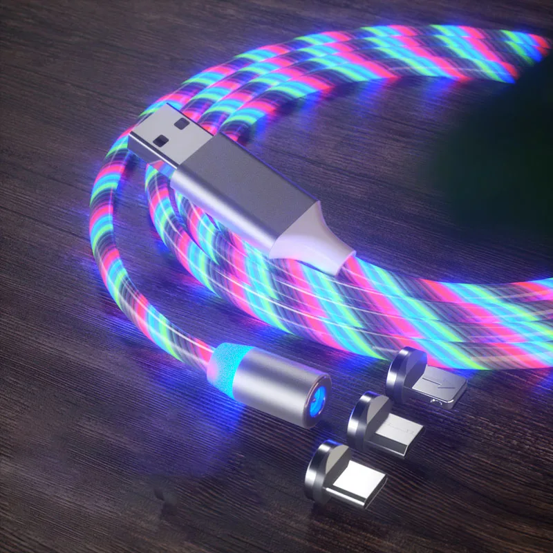 

Magnetic USB Cable Type C Flow Luminous Lighting LED Phone Cable for iPhone 11 Pro Max Samsung Huawei Charging Cord 3 in 1 Wire