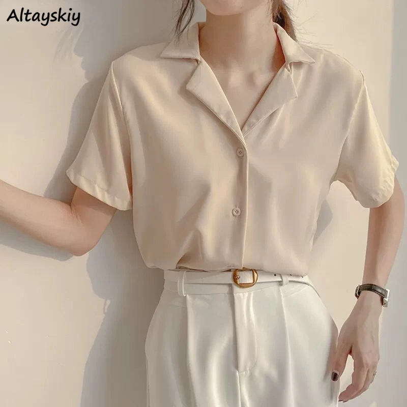 

Shirts Women Simple Vintage Chic Summer Turn Down Collar Single Breasted Korean Style Female Girls Casual Solid Breathable New