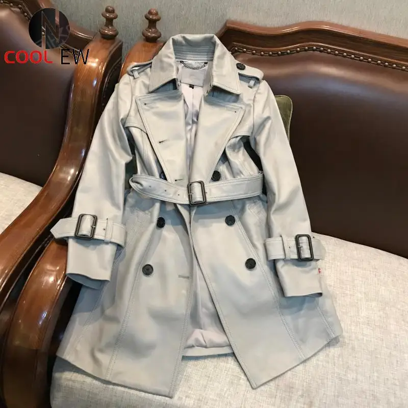 

Italy Genuine Leather Jackets Women OL Style Belt Slim Fit Sheepskin Long Coat Runway Double Breasted Windbreaker Female XXS-L