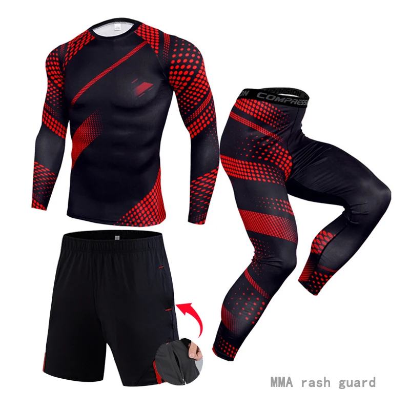 3 piece track suit Men Running sports MMA Compression sportswear rash guard male Bodybuilding T-shirt pants Man Training | Спорт и
