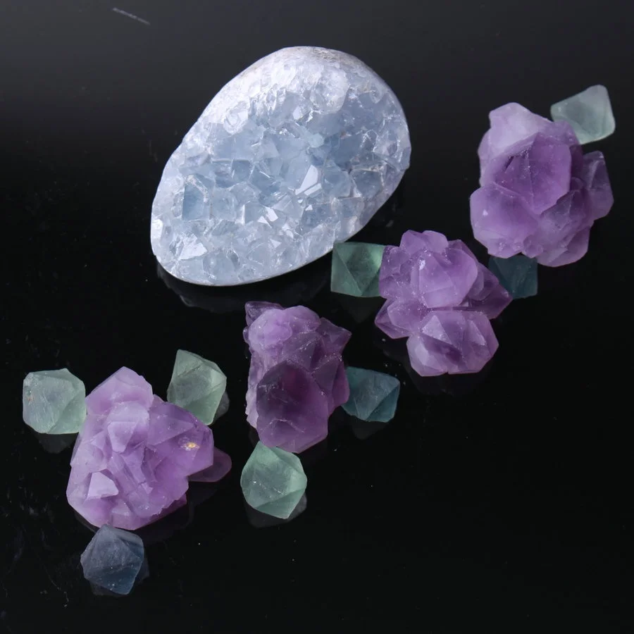 Набор микс натуральный кристалл синий Celestite &amp ametryst кластер Green fluorite Geode cluster