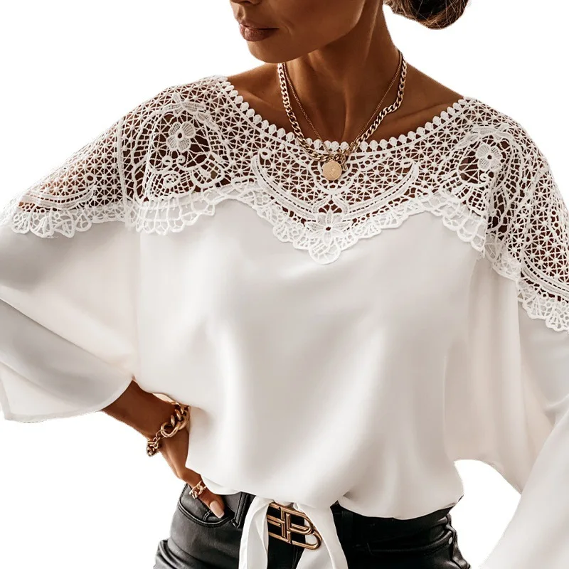 

Sexy Lace Lace Women's Shirt 2021 New Fashion O-Neck Solid Long-Sleeved Shirt Woman Autumn Casual Street Women Tops Clothes
