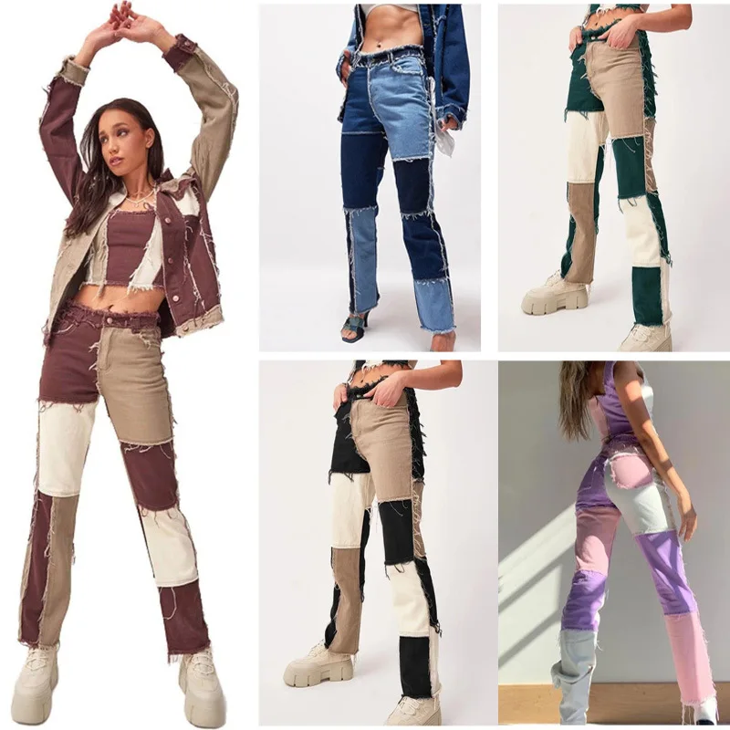 

Jeans Woman High Waist Autumn and Winter Women's Slim Fashion Stitching Contrast Casual Jeans Vintage Clothes Brown Pencil Pants