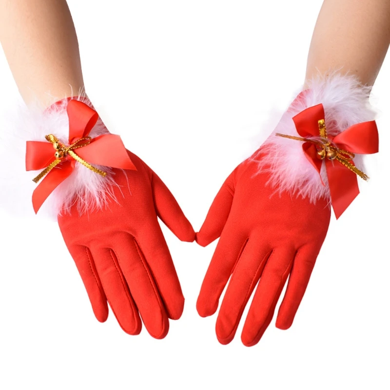 

White Fur Costume Gloves Red Velvet Gloves with White Furry Cuff Accessories for Costumes for Women and Kids Gifts