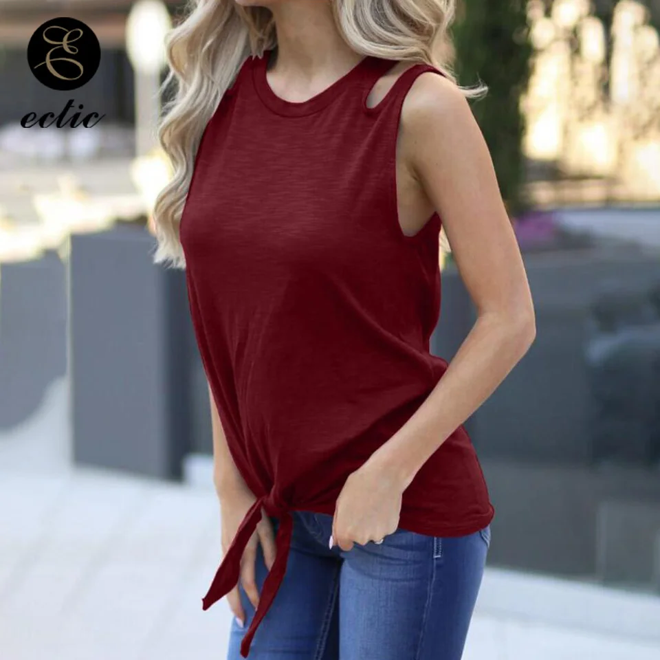 Простой Хлопковое Майка Перед Узел Полый Выдолбить Распарывать Сексуальное