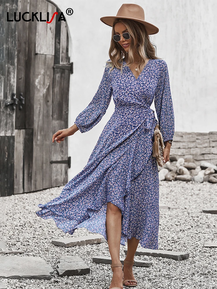 

Lucklisa Floral Print High Low Maxi Dress Women Long Sleeve V-Neck Laceup Hight Side Split Tiered Long Dress Women Floral Print