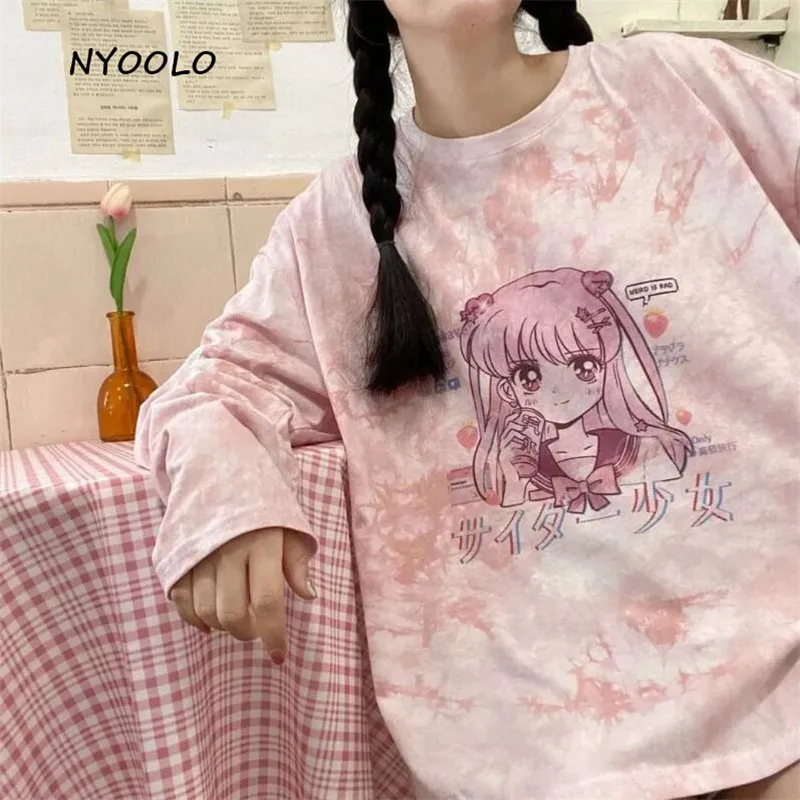 

NYOOLO Harajuku cartoon sweet Anime girl tie dye long sleeve t-shirt women clothes Autumn loose pullovers tops tee