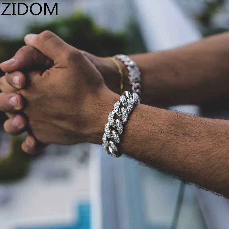 Мужской сверкающий браслет 2019 в стиле хип-хоп с фианитами Стразы шириной 20 мм