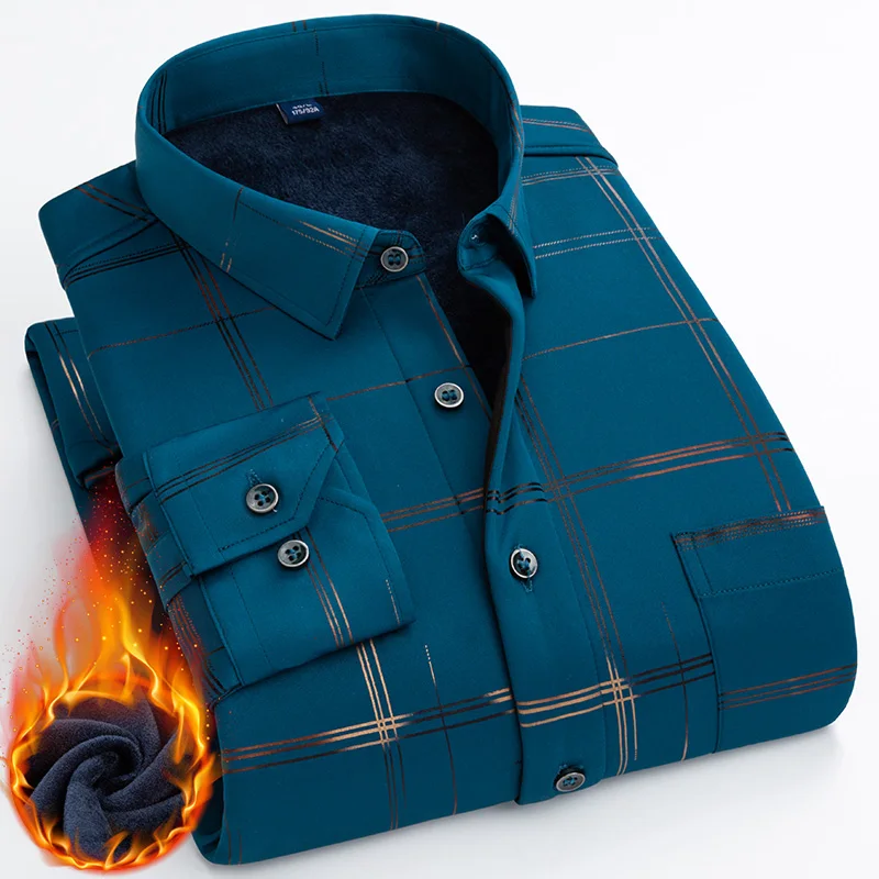 

Winter Thick Velvet Dress Shirt Mens Casual Long Sleeve Printing Warm Fleece Lining Shirts Fashion Soft Flannel Plus Size 5XL