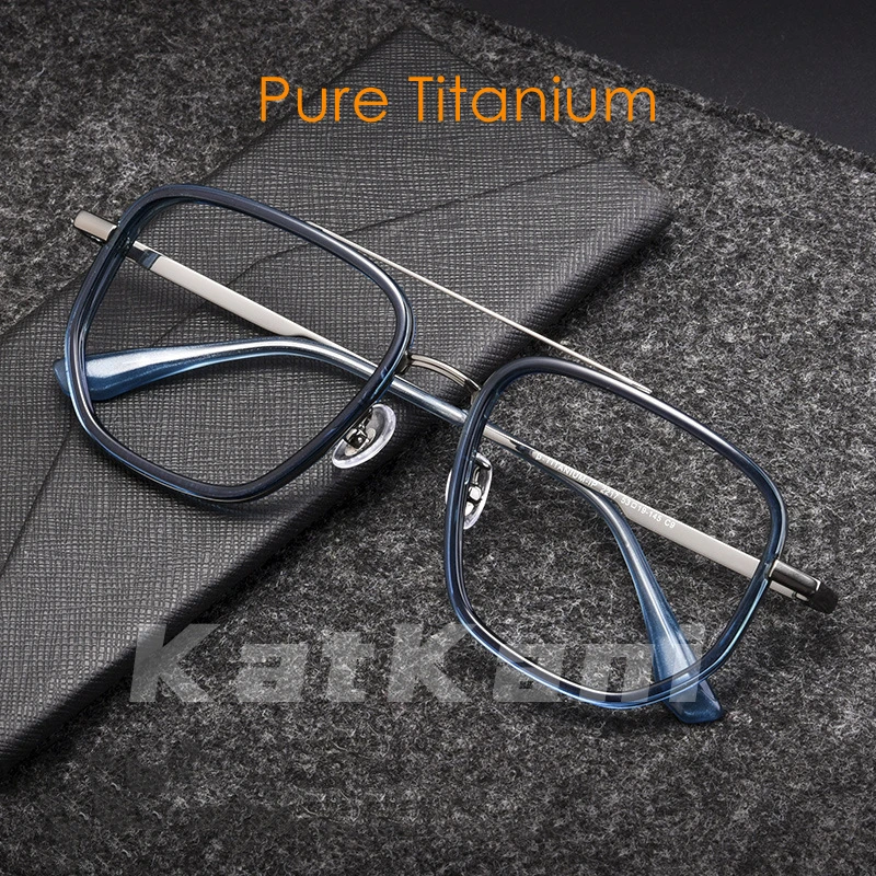KatKani الرجال الترا ضوء التيتانيوم النقي الرجعية مضلع مزدوجة شعاع نظارات إطار الطيار البصرية وصفة النظارات الإطار 2217YJ