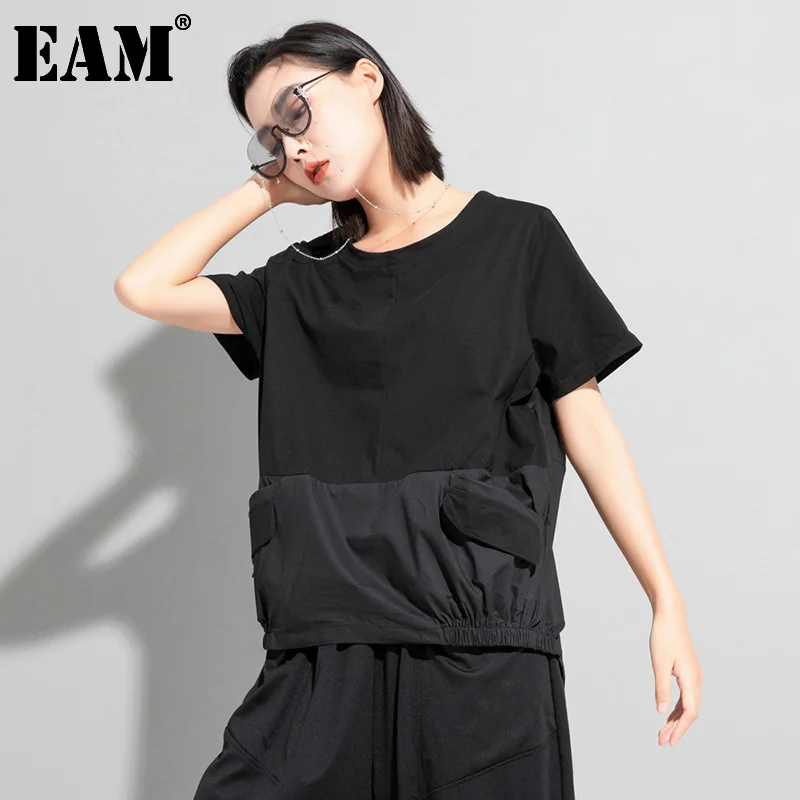 

[EAM] Women Black Big Size Irregular Spliced Pockets T-shirt New Round Neck Short Sleeve Fashion Tide Spring Summer 2022 1DD8085