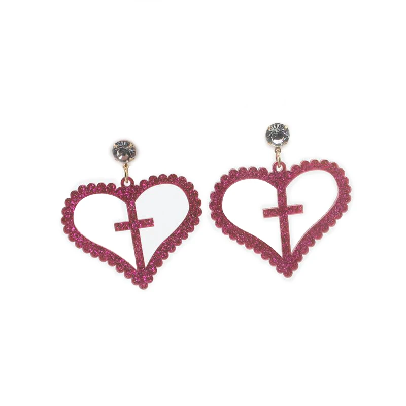 

Pink Hollow Cross Heart Stud Earrings Hip Hop Women Acrylic Fashion Trendy Jewelry
