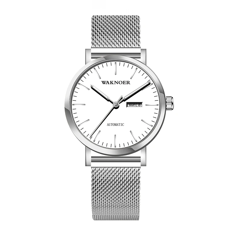 silver white WAKNOER автоматические часы мужские водонепроницаемые светящиеся роскошные часы из розового золота простой стиль светящиеся механические часы с календарем в минималистическом стиле - Цвет: silver white