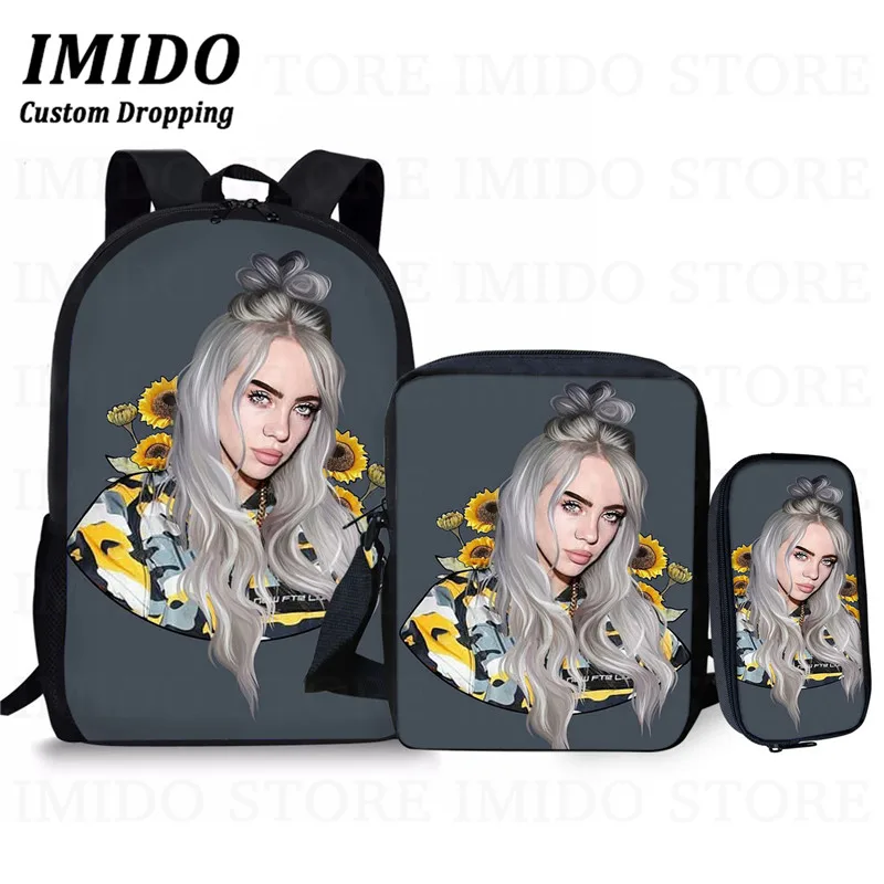 IMIDO, школьный рюкзак для девочек-подростков в стиле хип-хоп Billie Eilish, комплект из 3 предметов, школьные сумки для студентов и студентов, сумка для книг, Повседневная сумка, подарок - Цвет: as picture