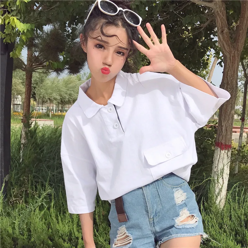 

Женская футболка на пуговицах, свободная футболка с коротким рукавом и отложным воротником, большие размеры, весна-лето, C 65