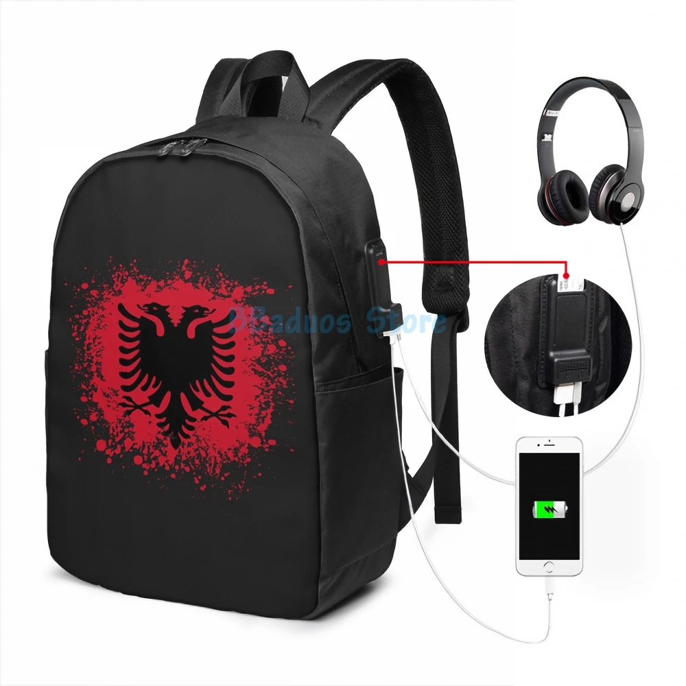 Забавный графический принт Албания Shqipëri флаг пятна капли USB заряд рюкзак