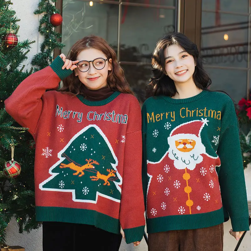

2021 Autumn Winter Couples Christmas Sweaters Women Loose Round Neck Jacquard Outer Wear Knitted Jacket Outer Wear