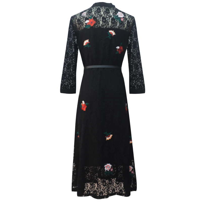

high street A line lace dress three quarter sleeves empire waist embroidery flower buttom plus size fashion party work dress