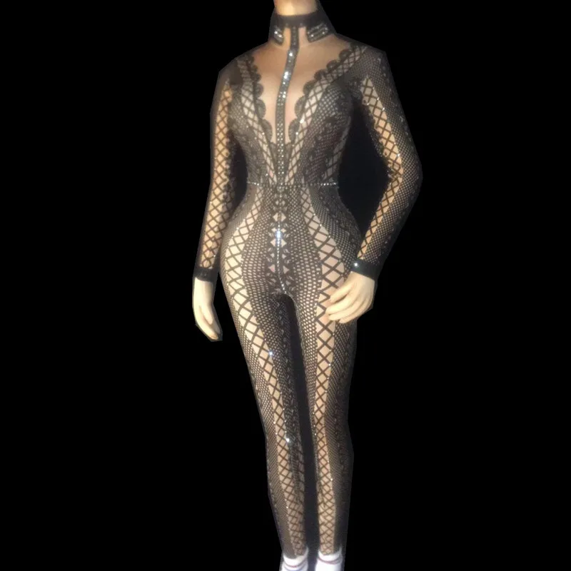 Кружевной комбинезон с кристаллами сексуальный эластичный Облегающий женский