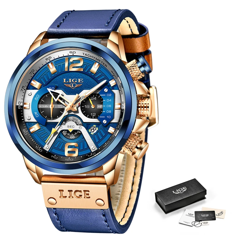 

2021 LIGE Mens Watches Top Brand Luxury Chronograph Waterproof Quartz Male Clock Casual Leather Watch for Men Sport Wristwatch