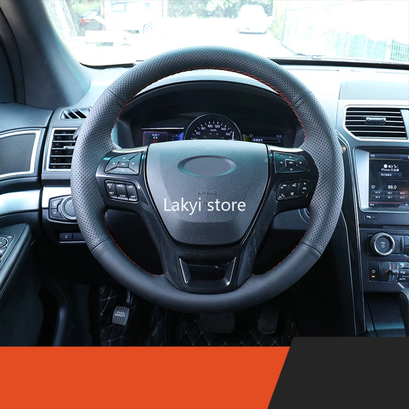 

DIY Hand Quilting Stitches Top Layer Feather and Genuine Fur Car Steering Wheel Cover for Ford Mustang Explorer