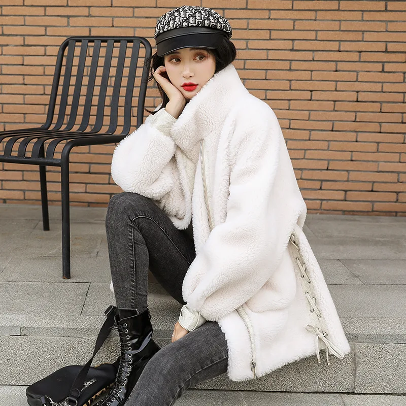 Женская куртка из овечьей шерсти зимнее свободное меховое пальто большого