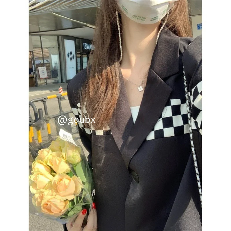 

2021 Autumn Single-Breasted Black and White Chessboard Plaid Suit Jacket Female High Sense Casual Suit Top
