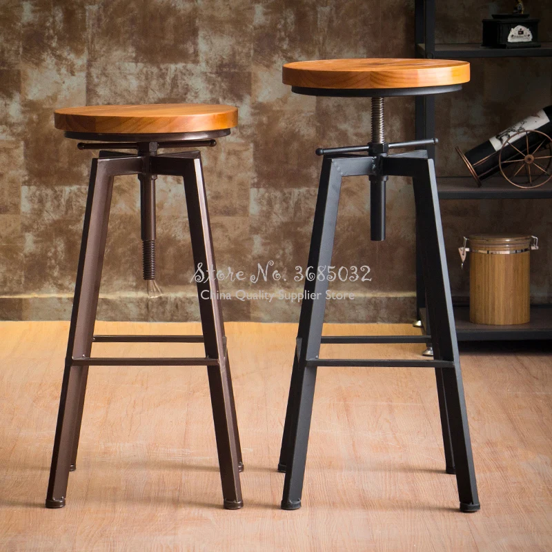 Vintage Iron Bar Chair Industrial Wind Rotating Bar Stool Home Lifting Bar Chairs Solid Wood High Stools Home Dinning Chairs