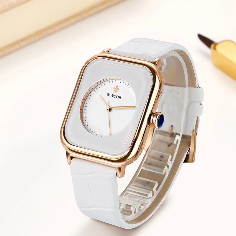 Women Fashion Square Watches WWOOR Brand Ladies Quartz Wristwatch Simple White Leather Band Dress Waterproof Watches Reloj Mujer