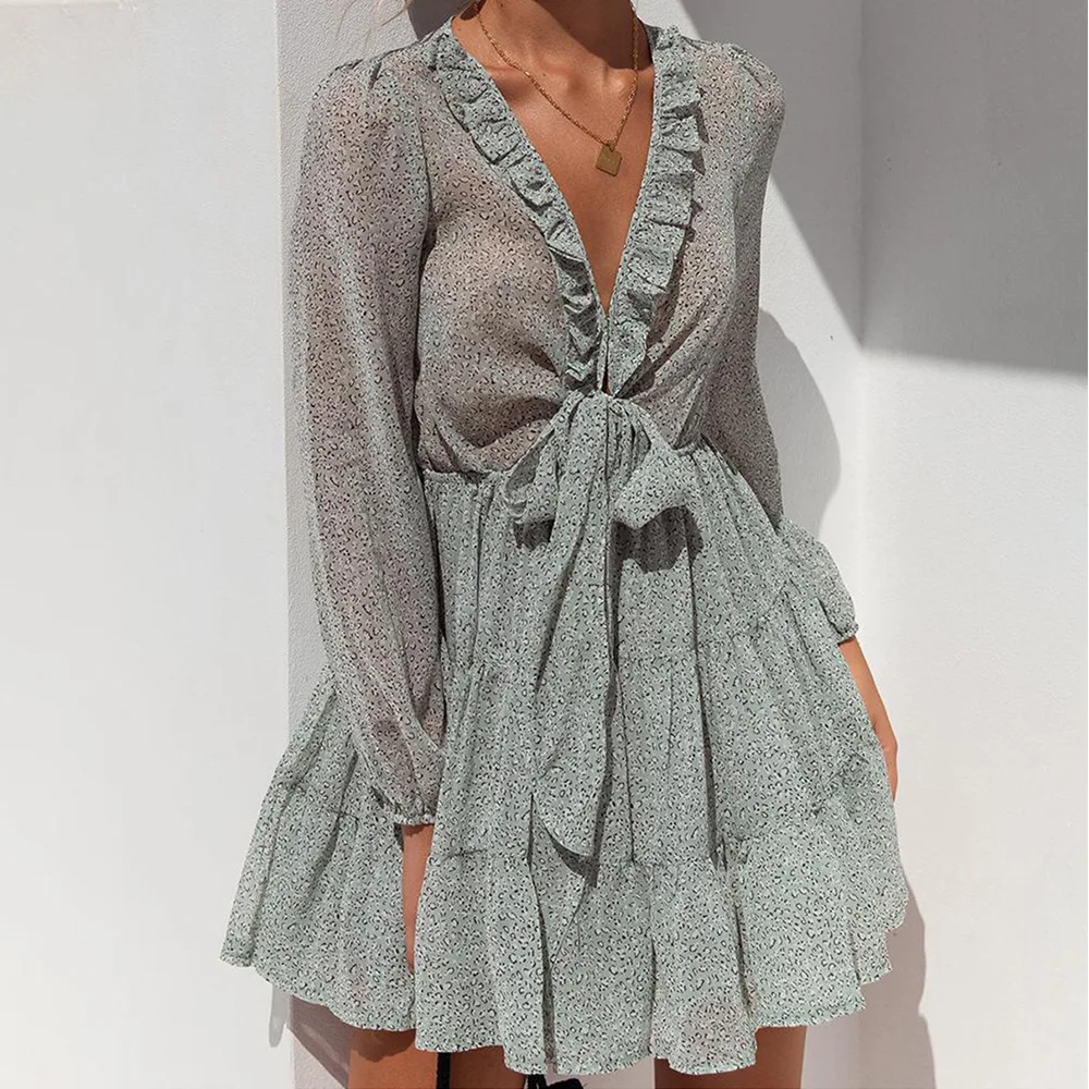 

Summer Ruffles Neck Green Floral Print Women Holiday Dress Sweet V Neck Button Dresses Ladies Vestidos Beach Party Cottagecore