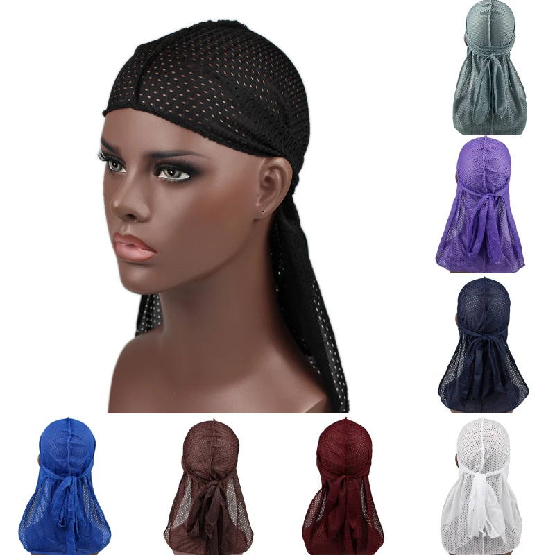 

Unisex Long Mesh Breathable Bandana Hat Men Women Durag Long Tail Headwrap Chemo Cap Solid Color Headwear