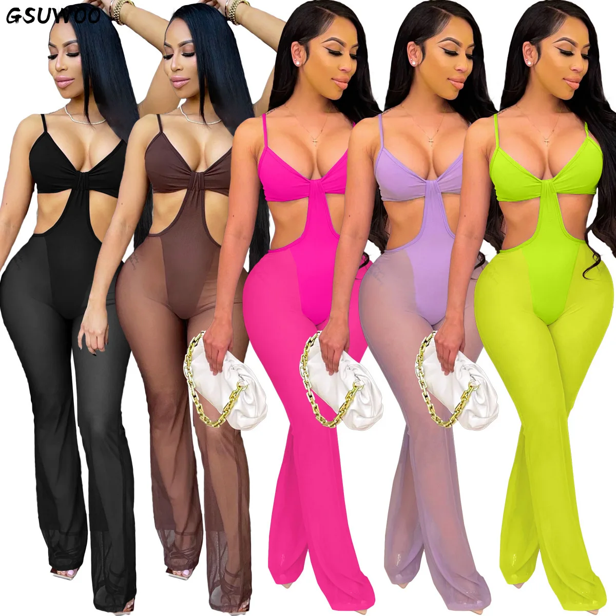 

GSUWOO Sexy Sheer Mesh Patchwork Club Beach Jumpsuit Women Flare Pants V Neck Spaghetti Straps Backless Romper Outfit Overalls