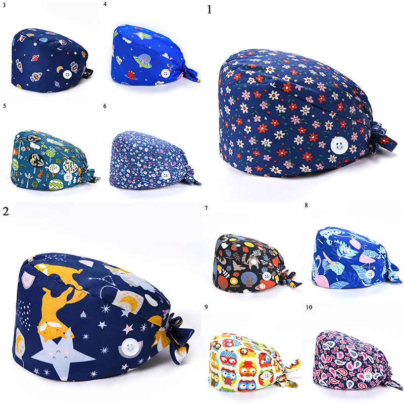 

3PCS Surgical Cap Baotou Hat Pure Cotton Buckle Sweat-absorbent Towel Printing Embroidery Doctor Electrocardiogram Nurse Hat