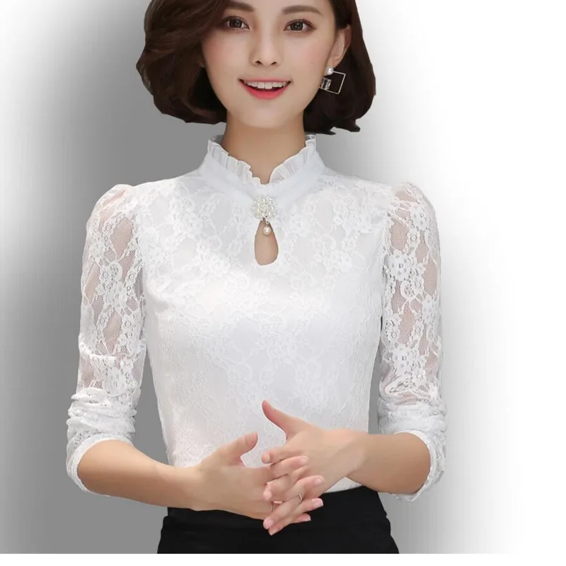 

2021 Spring Autumn Women Long Sleeve Lace Floral Blouse Shirts Crochet Lace Elegant Blouse Casual Slim Tops Office Shirts