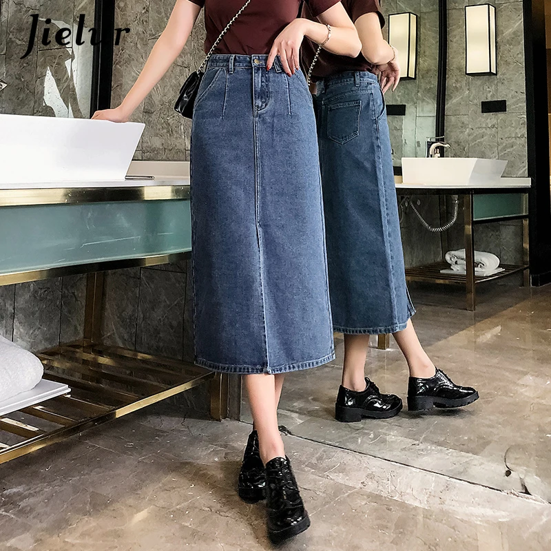 Женская джинсовая юбка Jielur синяя повседневная с высокой талией размера плюс в